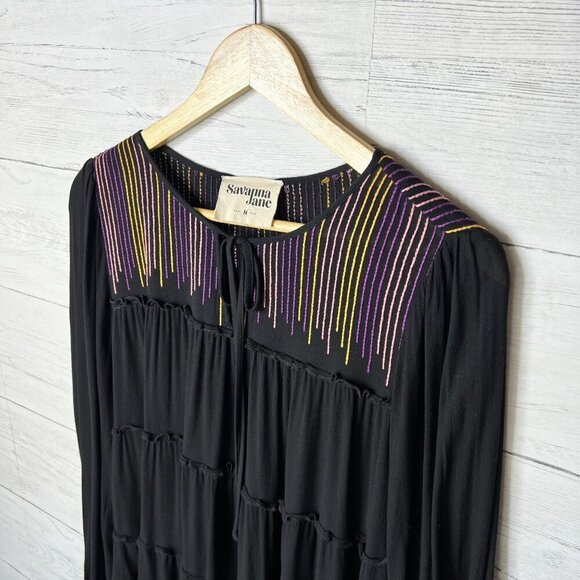 Savanna Jane Blouse Womens Size Medium Black Tiered Colorful Embroidered Stripes - Picture 7 of 15